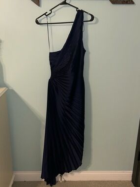 Nordstrom One-Shoulder Pleated Midnight Blue Evening Gown